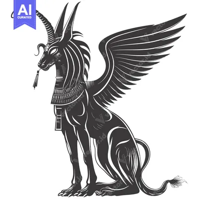 Black and White Illustration of a Sitting Winged Sphinx