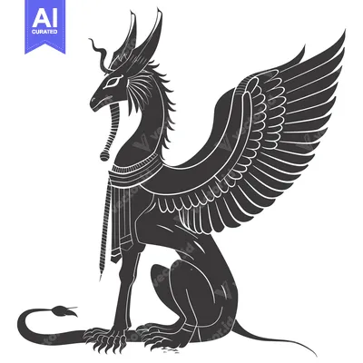 Popular premium asset: Black and White Illustration of a Winged, Lion-like Creature with a Sn