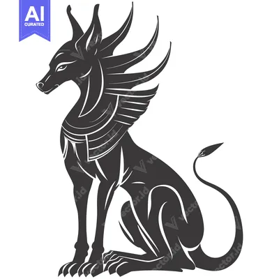 Aset premium populer: Black and White Illustration of a Sitting Anubis with Wings