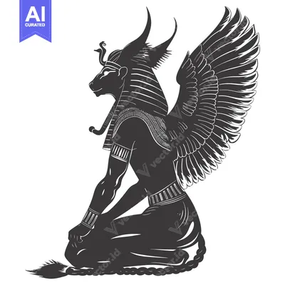A black and white silhouette of the Egyptian god Horus, kneeling with