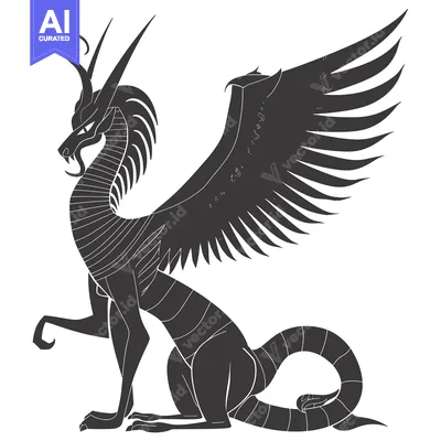 Aset desain premium: A black and white stylized illustration of a dragon with wings spread