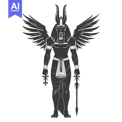 Winged Egyptian God with Horns, Holding Weapons