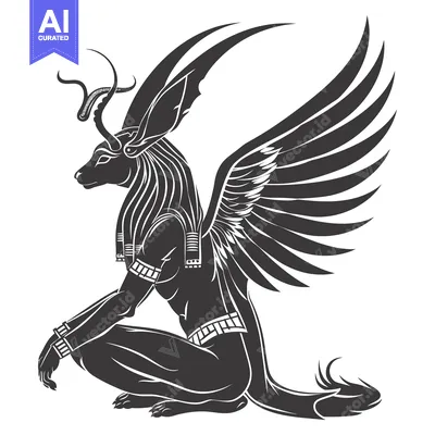 Popular premium asset: Black and White Illustration of a Winged Female Figure with Jackal Hea