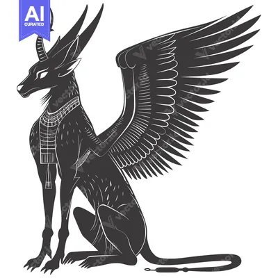 Premium design asset: Black and White Silhouette of a Winged Jackal with a Collar
