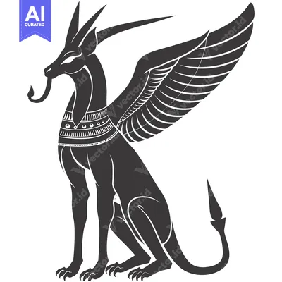 Aset desain premium: Black and White Stylized Illustration of a Winged Lion with a Snake Ta