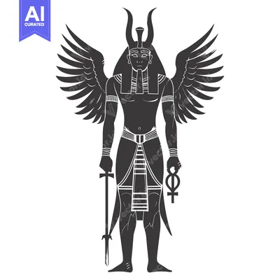 Winged Egyptian God Holding a Staff and Ankh Symbol
