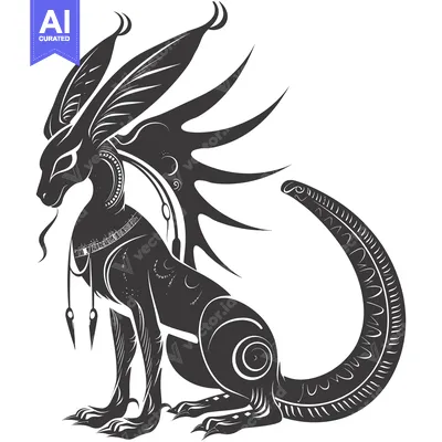 Black and White Stylized Illustration of a Mythical Creature with Feat