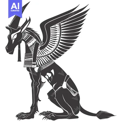 Winged Jackal with a Collar and a Tail Sitting on Its Hind Legs