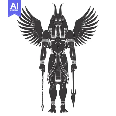 Winged Egyptian God with Horns, Staff, and Spear