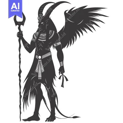 Aset desain premium: Silhouette of a Demonic Figure with Horns, Wings, and a Staff