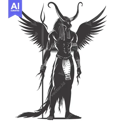 Aset desain premium: Anthropomorphic Creature with Horns, Wings, and a Spear