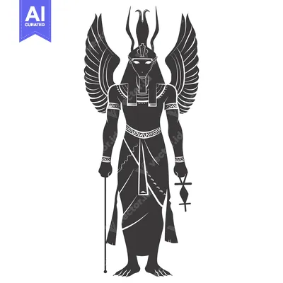 Silhouette of Egyptian God Horus with Wings, Staff, and Ankh