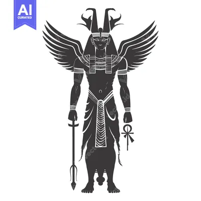 Aset desain premium: Silhouette of an Egyptian God with Wings, Holding a Spear and an Ankh