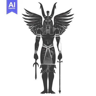 Aset desain premium: Winged Egyptian God with Horns, Holding Two Swords