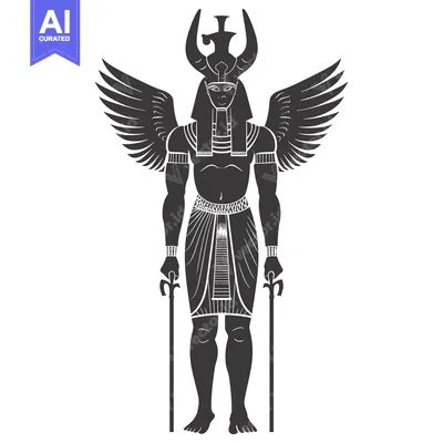 Winged Egyptian God with Horns, Staffs, and a Headdress
