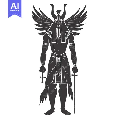 Silhouette of an Egyptian God with Wings Holding a Cross and a Sword