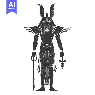 Silhouette of Horus, an Egyptian God with Wings, Holding a Spear and A