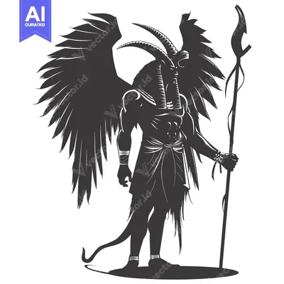 Premium design asset: Anthropomorphic Creature with Wings, Horns, and Staff