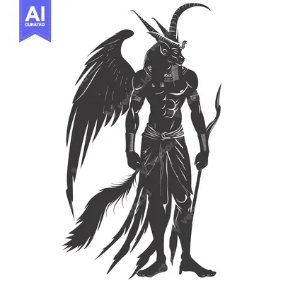 Premium design asset: Silhouette of a Winged, Anthropomorphic Figure with Horns and a Staff