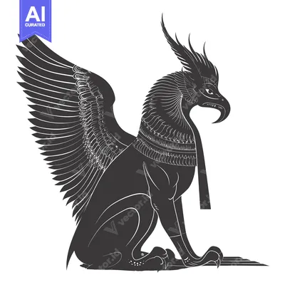 Premium design asset: A Black and White Illustration of a Winged Lion with a Bird's Head