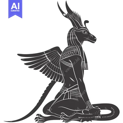 Black and White Illustration of a Seated Winged Egyptian God with a Ja