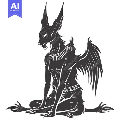 Aset desain premium: Black and White Silhouette of a Winged Feline Creature