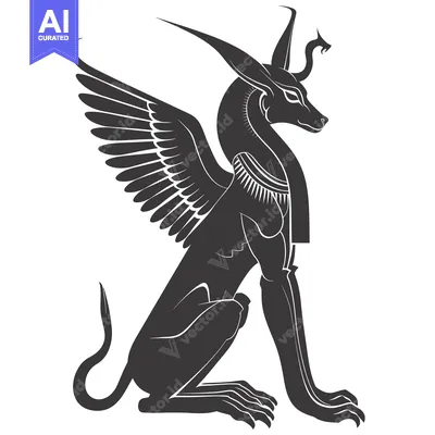 Black and White Illustration of a Sitting Winged Jackal