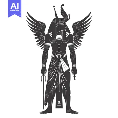 Black and White Illustration of the Egyptian God Horus with Wings