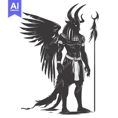 Premium design asset: Anthropomorphic Figure with Wings, Horns, and a Staff
