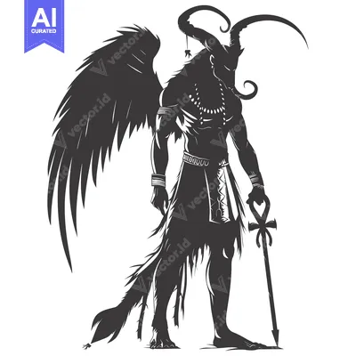 Aset premium populer: A Silhouetted Anthropomorphic Figure with Wings, Horns, and an Ankh