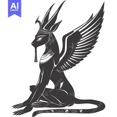 Winged feline deity with a headdress and a long tail