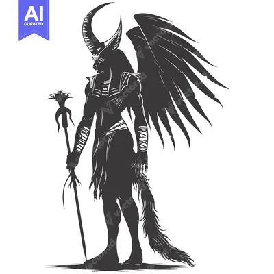 Aset premium populer: Silhouetted Anthropomorphic Figure with Horns, Wings, and Tail Holding
