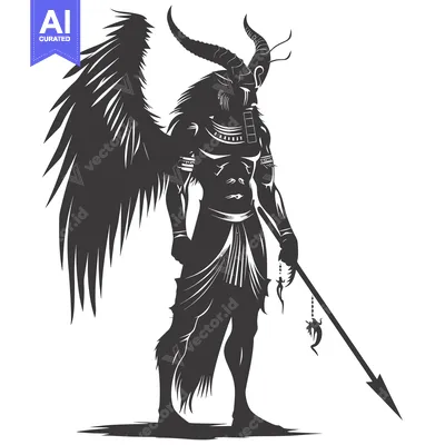 Aset premium populer: Silhouette of a Muscular Winged Figure with Horns and a Spear