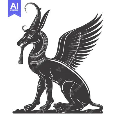 Premium design asset: A Winged Black Egyptian Sphinx With Curled Horns