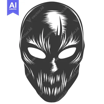 Aset desain premium: Monochromatic Illustration of a Creepy Mask with Sharp Teeth and Glowi