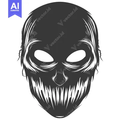 Aset desain premium: A Black and White Illustration of a Scary Mask with a Large Grin