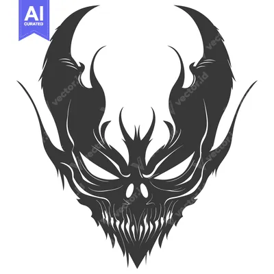 Premium design asset: Stylized Black and White Demon Mask with Sharp Teeth and Horns