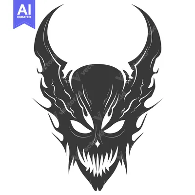 Aset desain premium: Stylized Black and White Demon Mask with Horns and Fangs