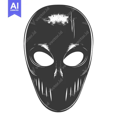 A black and white illustration of a distressed alien mask