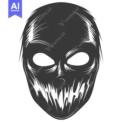 A black and white illustration of a scary mask with a wide grin.