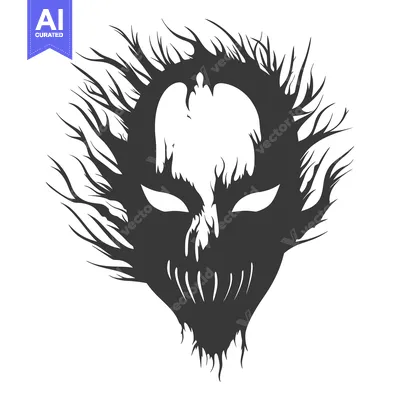 Aset desain premium: Silhouette of a demonic face with sharp teeth and flames