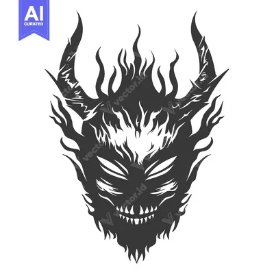 Aset premium populer: Black and white illustration of a demonic face with horns and flames
