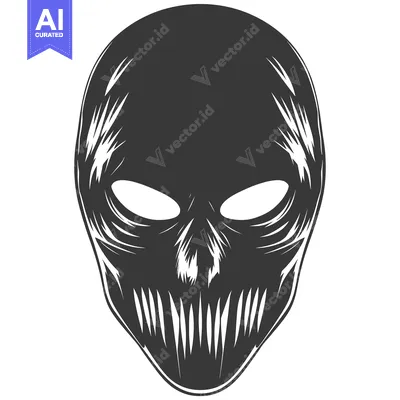 Aset desain premium: A Monochrome Illustration of a Gnarled, Fanged Skull