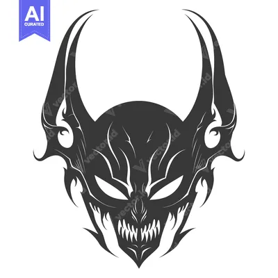Premium design asset: Stylized Black and White Demon Mask with Fangs and Horns