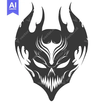 Aset desain premium: Black and White Stylized Demon Mask with Horns and Sharp Teeth