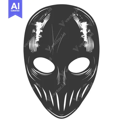 Aset desain premium: A grayscale illustration of an alien mask with white eyes