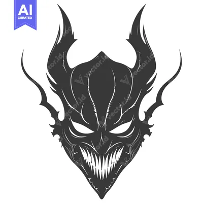 Aset desain premium: A menacing black and white stylized illustration of a demonic mask