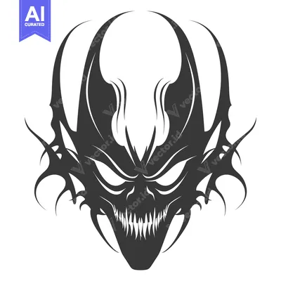 Stylized Black and White Demon Face with Sharp Teeth