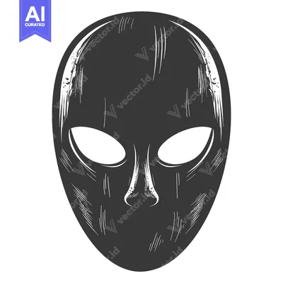 Hand-drawn sketch of an alien mask with white eyes and a prominent nos
