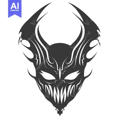 Aset desain premium: A Stylized Black and White Mask with Sharp Edges and Fangs